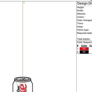 May include: An embroidery design labeled "Diet Soda_2in.JEF" featuring a soda can with the word "Diet" in red. The design is 2.01 inches high and 1.10 inches wide. The design has 2 colors and 2,364 stitches.