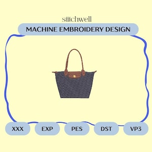 Puede incluir: Diseño de bordado a máquina que presenta un bolso tote azul marino con asas de cuero marrón y un cierre de solapa. El diseño está etiquetado como "MACHINE EMBROIDERY DESIGN" e incluye abreviaturas de tipo de archivo.