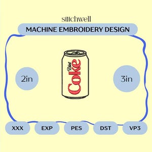 Mini Diet Soda Can Embroidery File | 2" and 3" Machine Embroidery Design | Classic Silver Soda Patch | PES DST and more image 7
