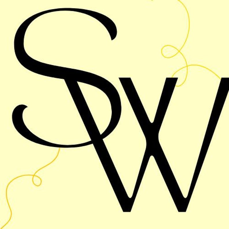 May include: Black stylized letters "SW" and "W" on a pale yellow background. A thin, yellow, curly line is in the upper right and lower left corners. The letters are in a bold, elegant font.