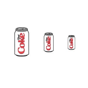 May include: Three Diet Coke cans of varying sizes are displayed against a white background. The cans are white with red "Coke" text and "Diet" in a script font. The cans are outlined in black.