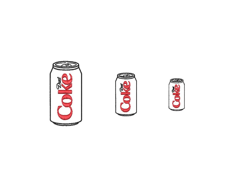 May include: Three Diet Coke cans of varying sizes are displayed against a white background. The cans are white with red "Coke" text and "Diet" in a script font. The cans are outlined in black.