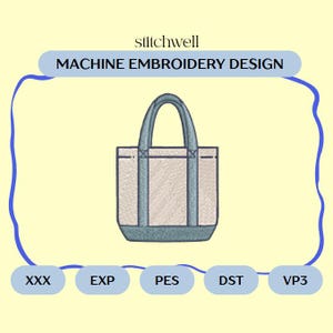 Może przedstawiać: Wzór do haftu maszynowego torby. Torba jest jasno beżowa z turkusowymi akcentami na uchwytach, podstawie i panelach bocznych. Projekt zawiera tekst "stitchwell" i "MACHINE EMBROIDERY DESIGN".