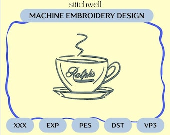 Vintage Coffee Cup Embroidery File | 4" Machine Embroidery Design | Classic Cafe Mug Patch | PES DST and more