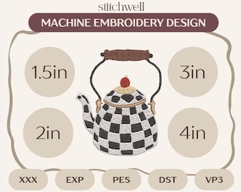 May include: A machine embroidery design featuring a teapot with a black and white checkered pattern, a brown handle, and a red knob. The text reads stitchwell, MACHINE EMBROIDERY DESIGN, 1.5in, 2in, 3in, 4in, XXX, EXP, PES, DST, and VP3.