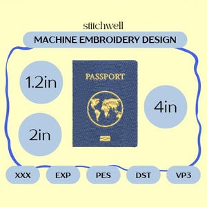 Mini Passport Embroidery File | 1.2&quot;, 2&quot; and 3&quot; Machine Embroidery Design | Travel Design for 4x4 Hoop | PES and more