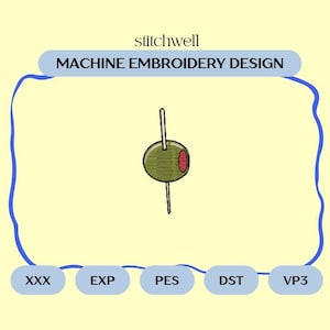 Olive on a Toothpick Embroidery File | 2.5&quot; Mini Martini Garnish Design | Cocktail Design for Machine Embroidery | PES DST and more