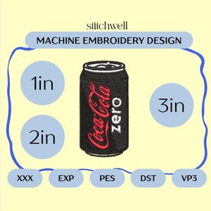 Mini Zero Soda Can Embroidery File | 1.5&quot;, 2&quot;, and 3&quot; Machine Embroidery Design | Classic Black Soda Patch | PES DST and more