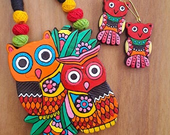 Mr. Owl and Mrs. Owl Necklace  Handmade Terracotta Jewelry  Nature Leaf Statement Earrings  Dainty Earrings