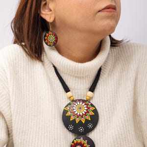 Black Long Necklace  Dark Forest Flower Design  Terracotta Jewelry Fall Leaf Earrings Dark Cottagecore Style