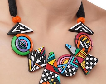 Handmade Terracotta Necklace Earring Set: Geometric Tribal Jewelry