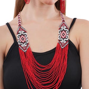 Red Beaded Statement Necklace: Native American Style Boho Jewelry