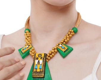 Green  Gold Egyptian Pyramid Necklace  Bold Handmade Tribal Jewelry  Statement Terracotta Necklace