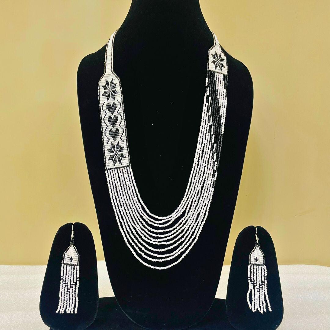 Beaded Fringe Floral Necklace - White & Black Statement Piece with bracelet Handcrafted Ukrainian Floral Fringe Necklace Earring Set  main image 2