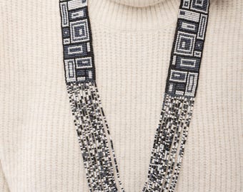 Black Geometric Woven Beaded Necklace  Traditional Hippie Ukrainian Necklace  Gift for Her