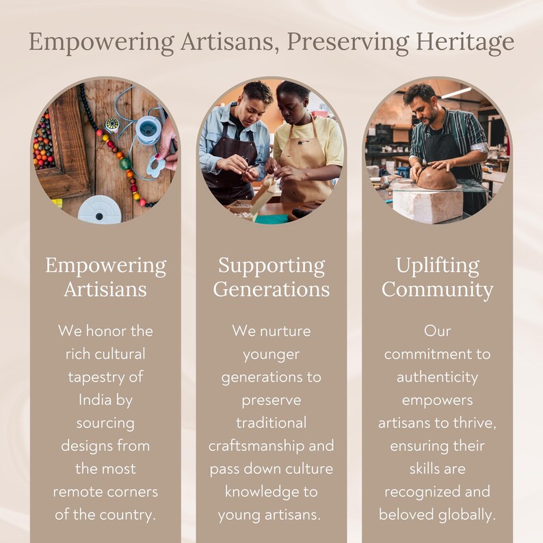 Puede incluir: Una imagen con el texto "Empowering Artisans, Preserving Heritage". Presenta tres im&aacute;genes circulares con texto debajo. La primera imagen muestra materiales de artesan&iacute;a. La segunda muestra a dos personas trabajando. La tercera muestra a una persona trabajando con arcilla.