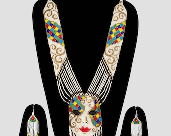 White Beaded Necklace with Abstract Woman Face Design  Multicolor Woven Seed Bead Hippie Necklace  Wedding Jewelry