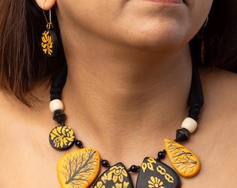 Mystical Dark Forest Design  Black Dangly Earrings  Geometric Statement Necklace  Bold Fashion Jewelry