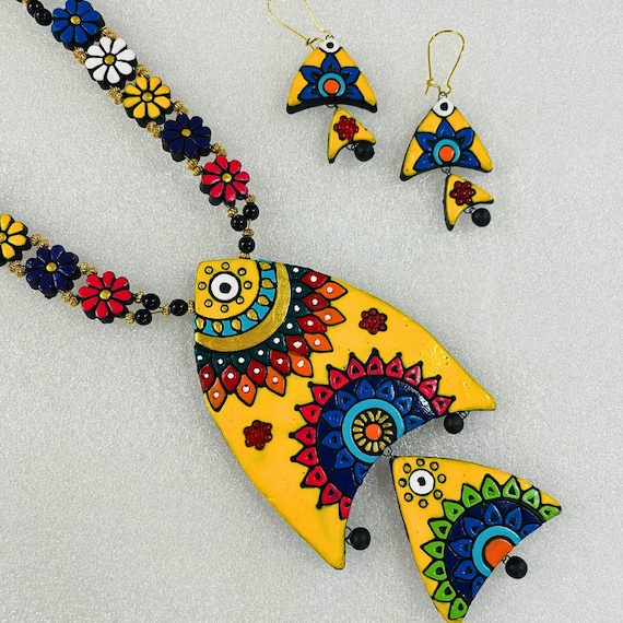 Handmade Clay Fish Necklace Earring Set: Colorful Dangle Jewelry