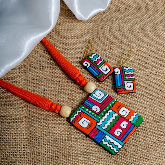 Handmade Terracotta Boho Geometric Tribal Jewelry Set  Clay Necklace  Boho Earrings  Gifts for Her