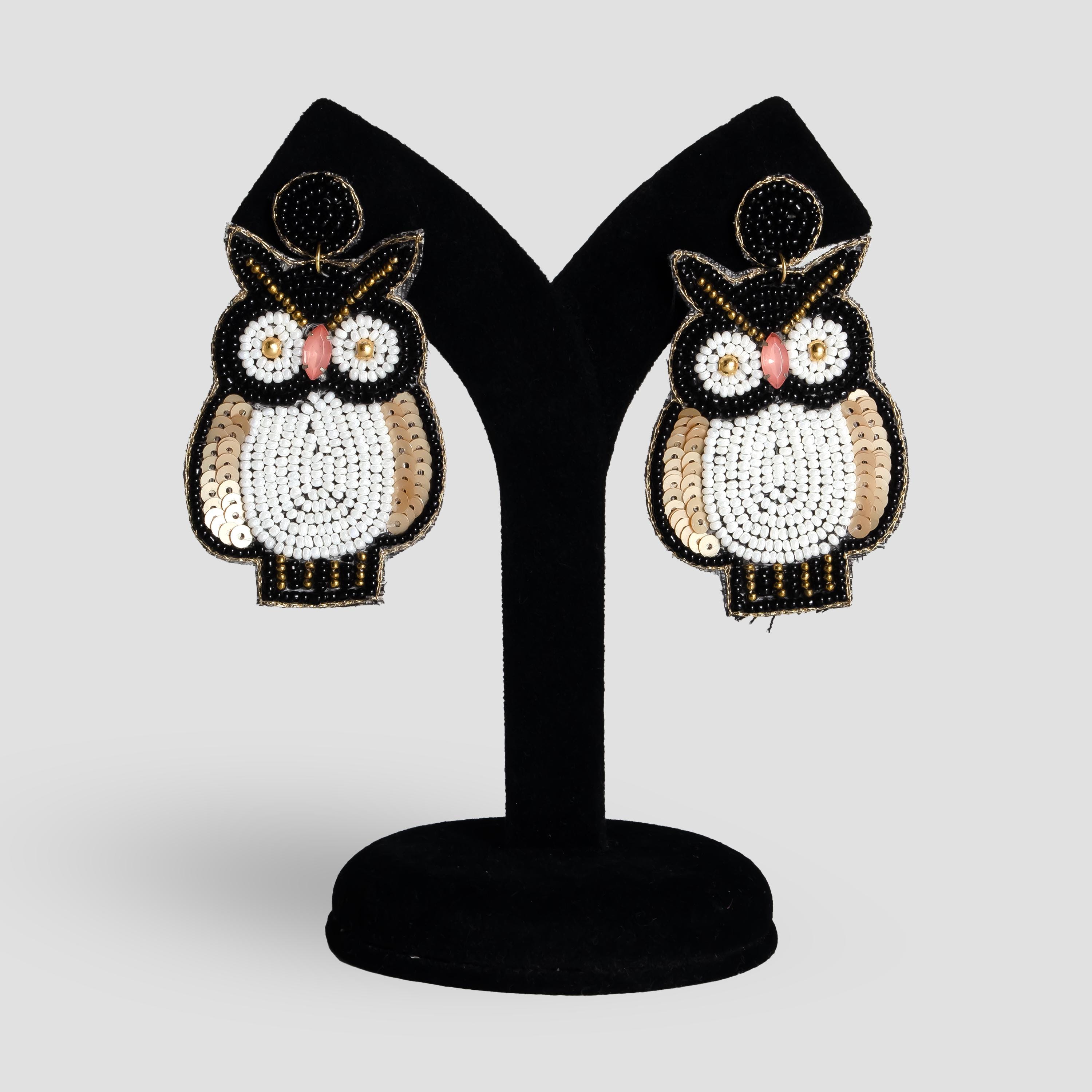 Hand Beaded Owl Dangle Earrings: Black & White Boho Jewelry