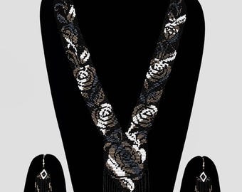 Black Beaded Necklace  Fringe Earrings Set  Handmade Traditional Ukraine Necklace with White Rose Design  Beaded Earrings