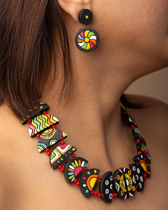 Celestial Clay Jewelry Set: Boho Necklace and Earrings, Handmade