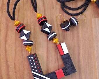 Black Geometric Terracotta Set  Boho Dangle Earrings  Handmade Geometric Jewelry