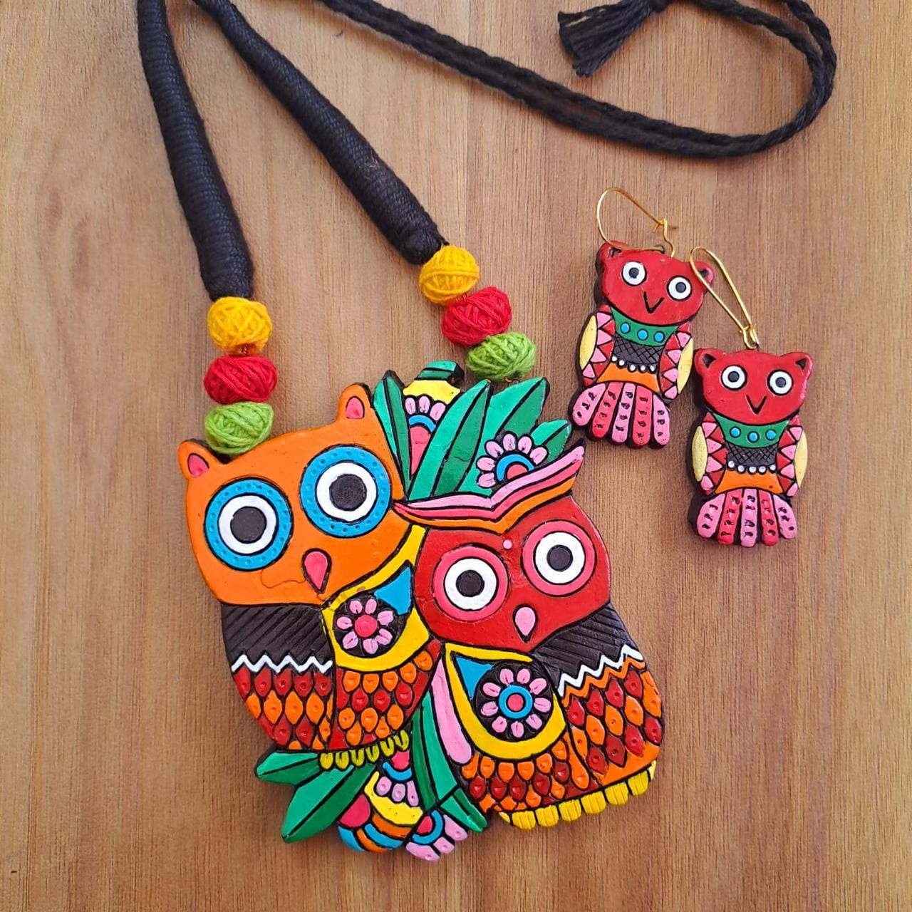 Handmade Terracotta Owl Necklace & Leaf Earrings Set
