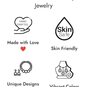 May include: Illustration of four features of earthen clay jewelry: hand-crafted with love, skin-friendly, unique designs, and vibrant colors.