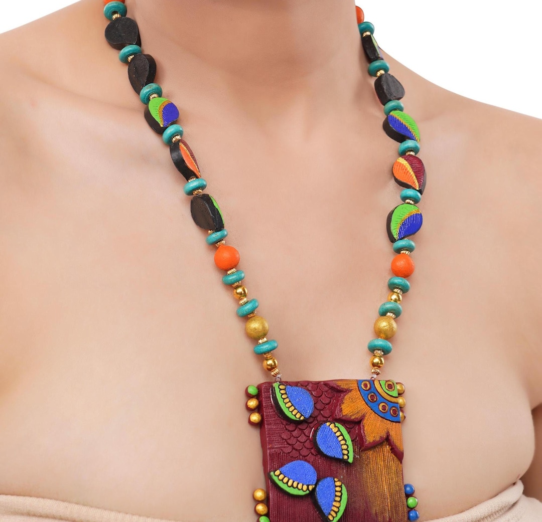 Hand-painted Clay Necklace Earrings: African Tribal Jewelry Set