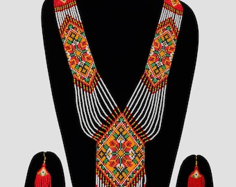 Handmade White and Red Seed Bead Long Necklace  Bohemian Style with Fringe Earrings