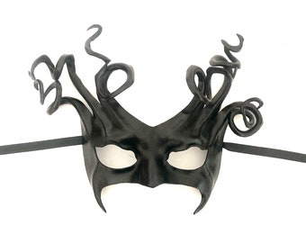 Gothic & Witchy Black Leather Mask with Twisting Spirals Entirely Handcrafted light and easy to wear costume men women masks masquerade