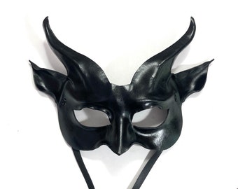 Black Leather Goat Mask Entirely Handcrafted costume Halloween Mardi Gras masquerade Adult size Devil