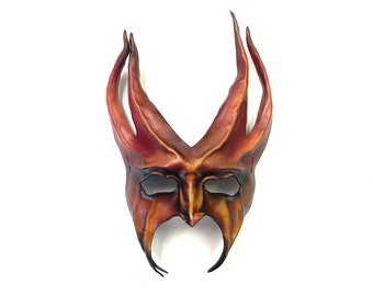 Leather Masquerade Mask in Red & Orange 13” tall  Entirely Handcrafted costume art Halloween Mardi Gras Fire Flames Devil