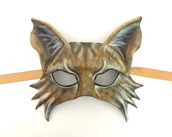 Entirely Hand Crafted Leather Mask Cat Lynx Bobcat Maine Coon wall art & costume very lightweight Small to Medium Adult Size