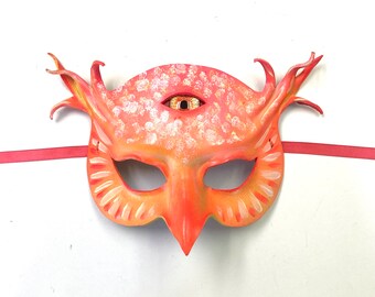 Leather Owl Mask with Pink and Orange Dayglo Colors & Third Eye Entirely Handcrafted Halloween costume Masquerade Blacklight Reactive art