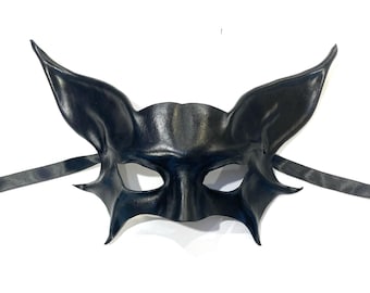 Handcrafted Black Leather Animal Mask: Cat, Fox, Bat Masquerade Costume