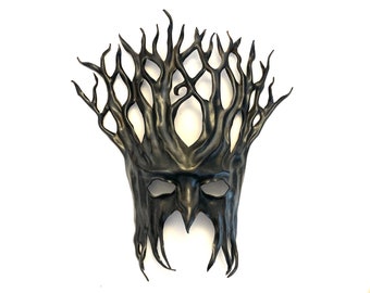 Big Leather Tree Mask in Dark Grey & Black 15” tall lightweight entirely handcrafted Burning Man masquerade Midsummer Halloween