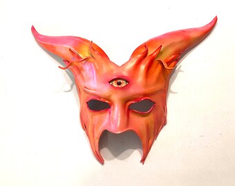 Blacklight Reactive Leather Goat Mask with Dayglo Colors & Third Eye Entirely Handcrafted Halloween costume Masquerade Hot Pink Orange