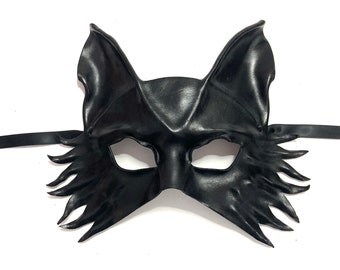 Entirely Handcrafted Leather Mask Black Wolf Fox Dog very lightweight and easy to wear Halloween Masquerade Photo Prop Burning Man