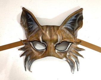 Entirely Hand Crafted Leather Mask Cat Lynx Bobcat Maine Coon wall art & costume very lightweight and easy to wear Halloween masquerade