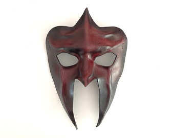 Leather Mask Gladiator Spartan Roman in Dark Red & Black w/ Elastic Straps and Buckle entirely handcrafted lightweight Halloween masquerade