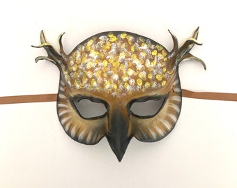 Entirely Handcrafted Leather Owl Mask masquerade costume Horned Owl art Adult Size Halloween very lightweight and easy to wear or display