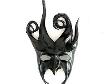 Devil Jester Black Leather Mask 14” tall Entirely Handcrafted masquerade costume art Mardi Gras Halloween Adult Size