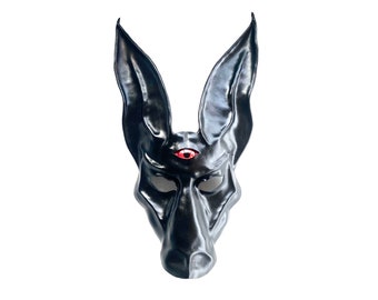 Black Jackal Leather Mask with Third Eye entirely handcrafted Anubis Egyptian Dog 15 1/2” tall Halloween masquerade Mardi Gras