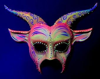 Blacklight Reactive Leather Goat Mask with colorful detail transforms to bright neon under blacklight Halloween costume Masquerade
