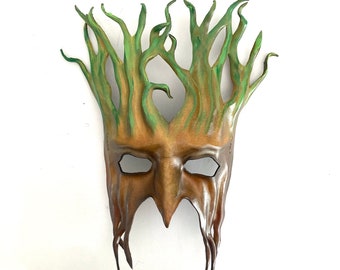 Leather Tree Mask Entirely Hand Crafted forest greenman greenwoman 12” tall lightweight Beltane Burning Man masquerade Midsummer Halloween