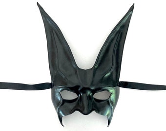 Black Rabbit Leather Mask 11 1/2” tall  Entirely Handcrafted masquerade costume art Burning Man Halloween Adult men women