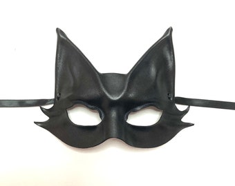 Entirely Hand Crafted Little Black Cat Leather Mask lightweight & easy to wear Halloween Mardi Gras costume masquerade Adult Small to Medium